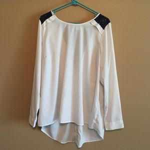 JunaRose White and Navy Crochet Sheer Blouse